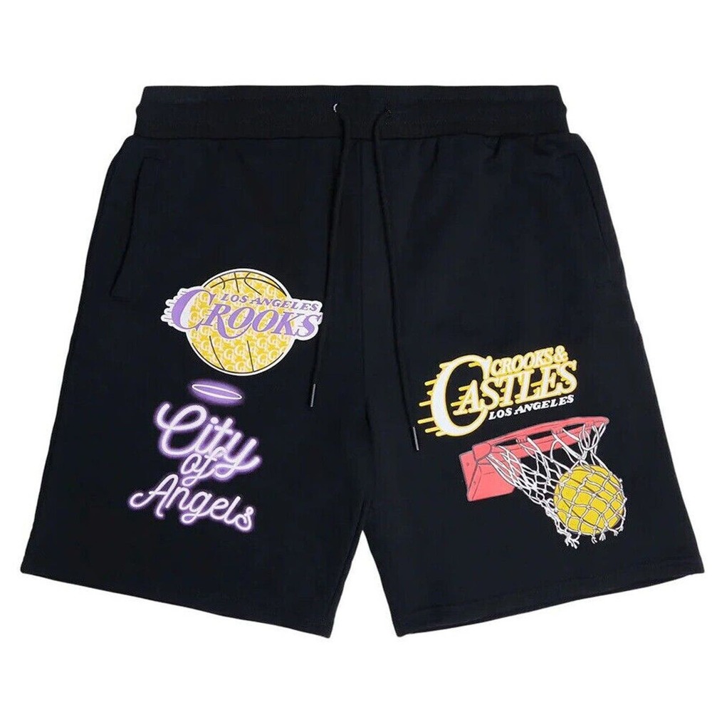 Crooks & Castles Men's LA City Los Angeles Lakers Basketball Theme Sweat Shorts